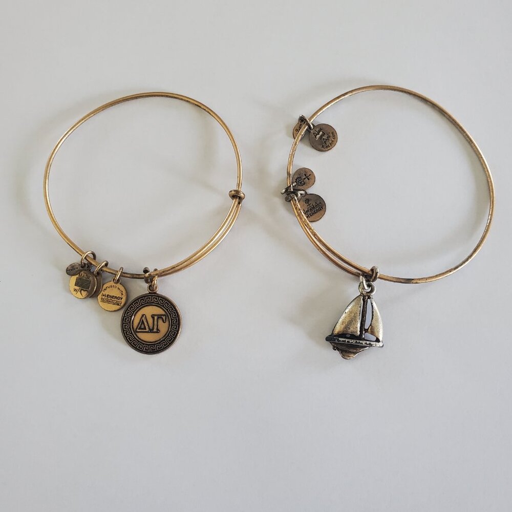 2 Alex and Ani +Energy Gold Tone Expandable Bracelet Delta Gamma Sailboat Dangle